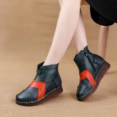 Retro 70s Genuine Leather Boots Ladies Chic Vintage Luxury Shoes Women's Zip Up Ankle Booties Cowgirl Patchwork Boots Yellow