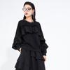 Top neri a maniche lunghe con balze, taglia oversized, da donna, casual, larghi, per primavera e autunno, felpa