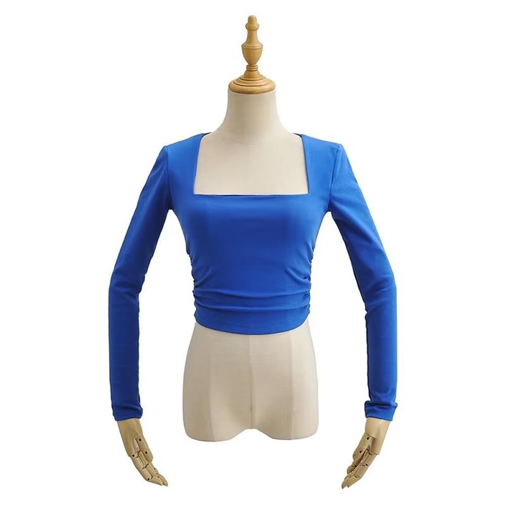 YPFF Trendiges Damen Oberteil mit geraffter Taille, langen Ärmeln und quadratischem Ausschnitt