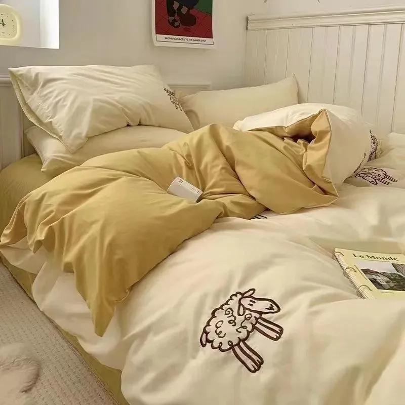 

Korean Style Bedding Set Boys Girls Twin Queen Size Duvet Cover Flat Sheet Pillowcase Bed Linens Kids Adult Fashion Home Textile Flat Bed Sheet&Twin 3pcs for 1m bed