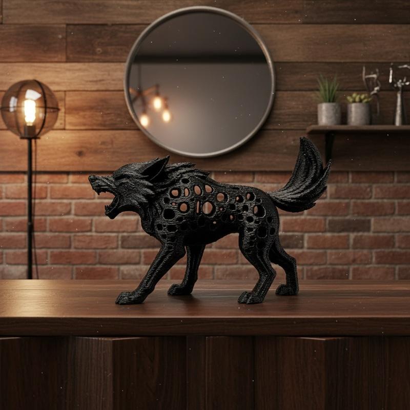 1Pc 3D‑Printed Hollow Wolf Figurine, Lifelike Dark‑Style Ornament, Indoor & Outdoor Decor for Halloween Christmas, Bookshelf Gar