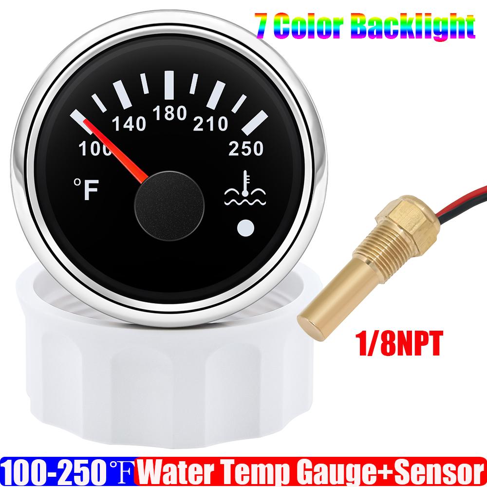 100~250℉ Vattentemperaturmätare Indikator Blinkande Larm 7 Färg LED 2" 52mm Vattentemperaturmätare med Sensor för Bil Båt