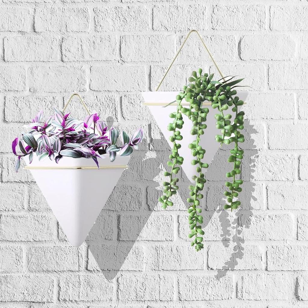2-Pack Hanging Wall Planter White Ceramic Geometric Décor Vase for Succulent Cactus Fake Plants Flower Holder Wall Decor 5.9 Inch