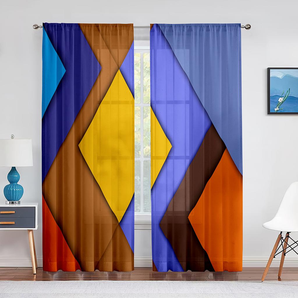 Colorful Gradient Rainbow Sheer Voile Curtain Triangle Geometric Window Tulle Curtains for Living Room Bedroom Kitchen Drapes