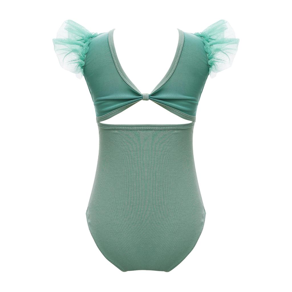 Girls Ruffle Sleeve Leotard Ruched Mesh Patchwork Cutout Back Bodysuit