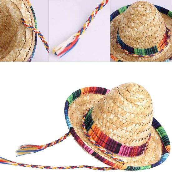 Carnival Hat, Mini Mexican Straw Hat, Natural Colorful Braided Edge Hat, Breathable Festive Party