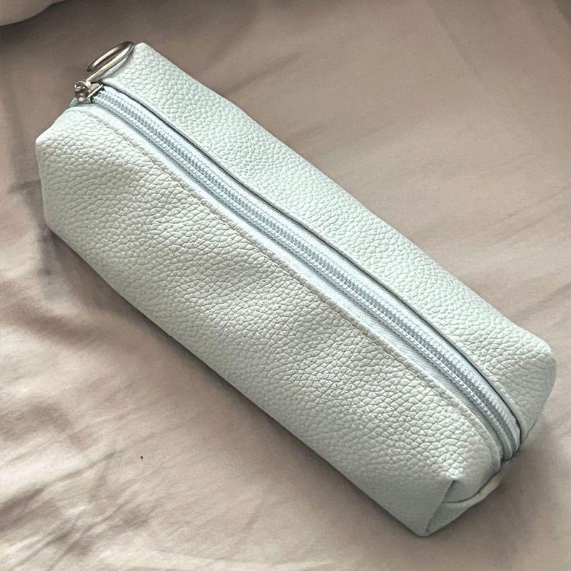Lychee Pattern PU Leather Large Capacity Zipper Pencil Case for Students синий