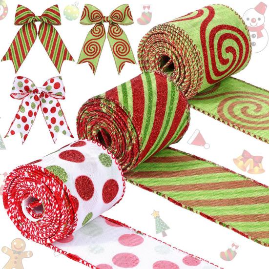5 Yards Christmas Wired Ribbon 2.48" Red Green Polka Dot/Stripe/Swirl Christmas Wrapping Ribbon for Xmas Tree Wreath Bow Gift Wrapping DIY Crafts