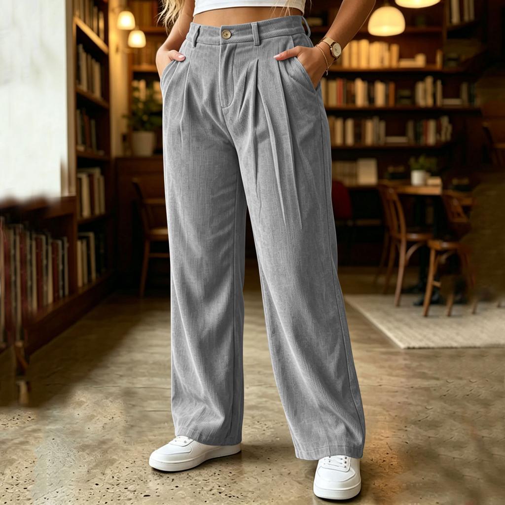 Women's High Waist Loose Fit Wide Leg Corduroy Cargo Pants with Pockets