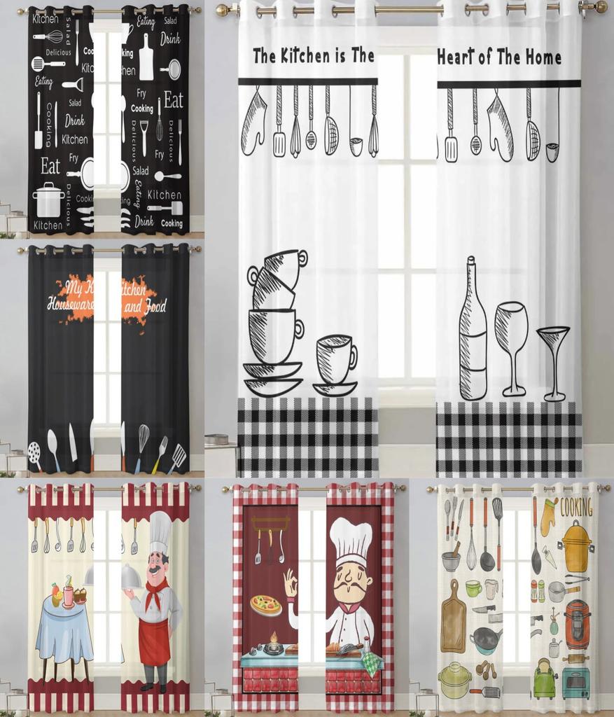 2Panels Chiffon Sheer Curtain Kitchen Curtain Kitchenware Chef Print Voile Tulle Cortinas for Kitchen LivingRoom Window Cortina