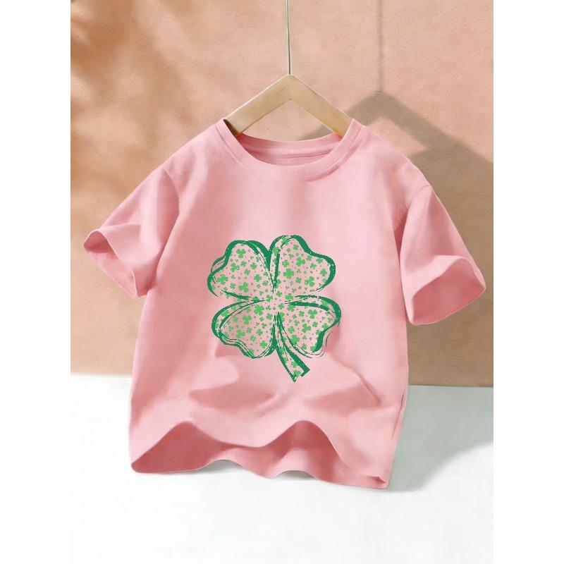 Europese maten St. Patrick's Day Meisjes T-shirt, Gelukkig Groen Klavertje Vier Print Tee, Comfortabel Ronde Hals Korte Mouw