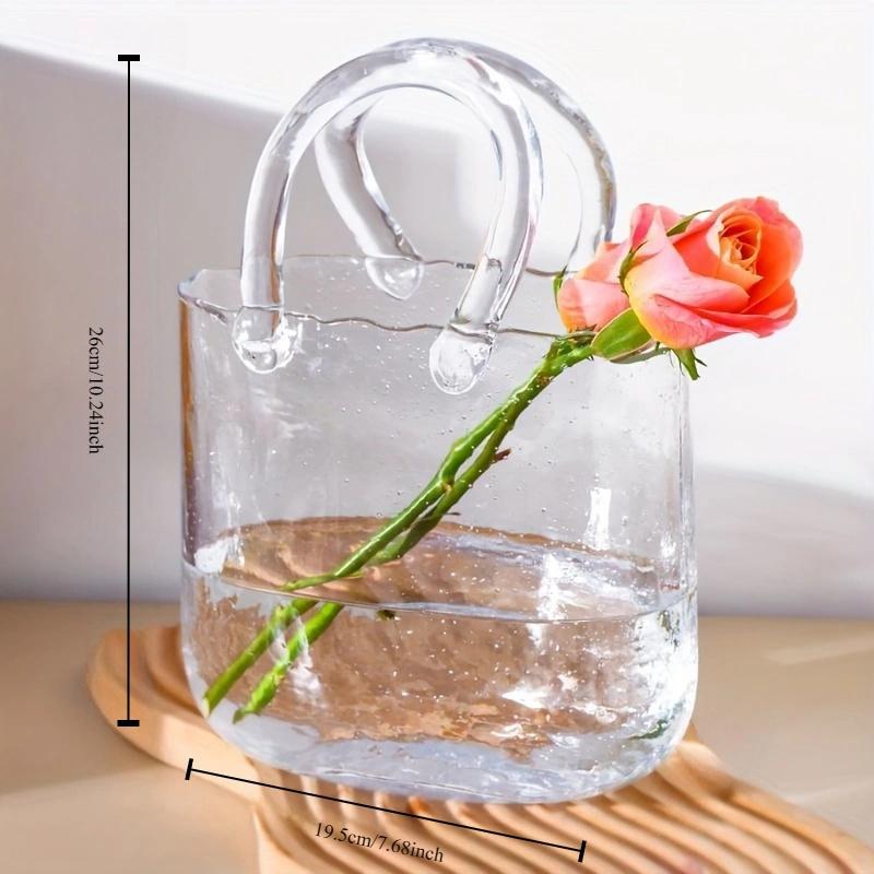Vase en Verre Chic en Forme de Sac à Main avec Anse - Vase à Fleurs Transparent Multifonctionnel pour Hydroponie & Décoration Intérieure
