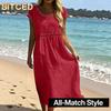 Fashion Summer Spring Solid Color Print O-Neck Short Sleeve Casual Dresses