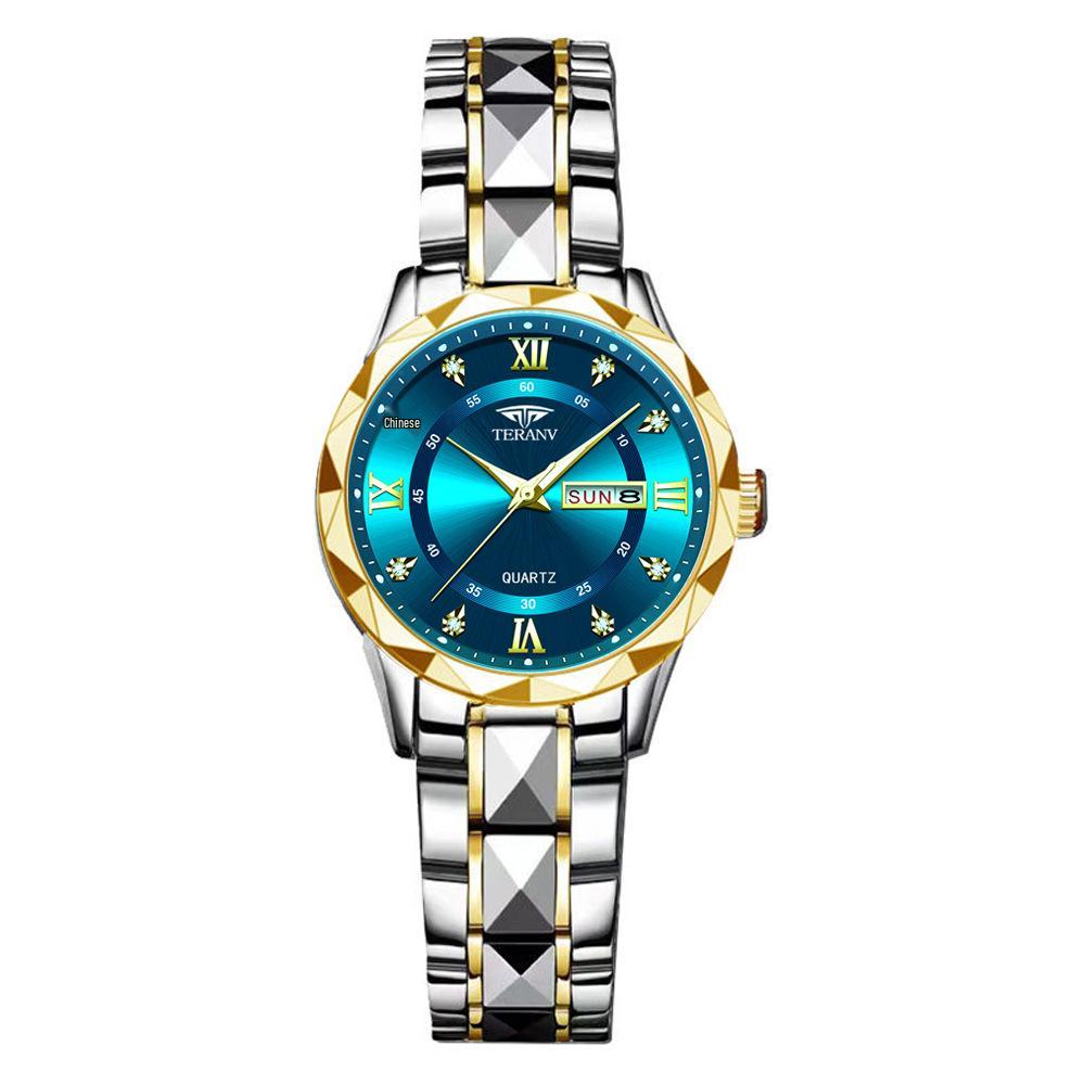 Women's Luminous Diamond Pattern Waterproof Quartz Watch with Double Calendar and Solid Band.