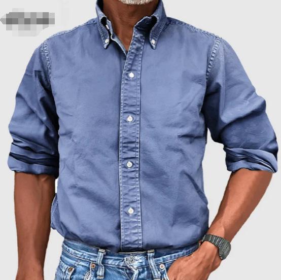 Men's Casual Imitation Denim Shirt - Turn-Down Collar, Button-Up, Long-Sleeved, Solid Color