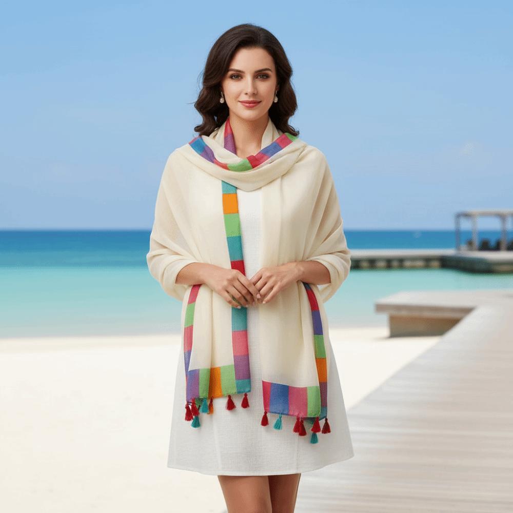 Rainbow-Border Summer Shawl Tasseled Beach Wrap Neck Wrap Sunscreen Sarong  Fashionistas