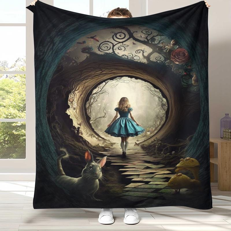 Alice In Wonderland Cartoon Cheshire Cat Flannel Blanket,Ultra Soft Warm Plush Throw for Home Bedroom Bed Sofa Cover Kid Gift