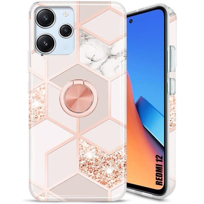 Coque Silicone pour Xiaomi Redmi 12 - Antichoc - Rose Marbre - Anneau Support 360°