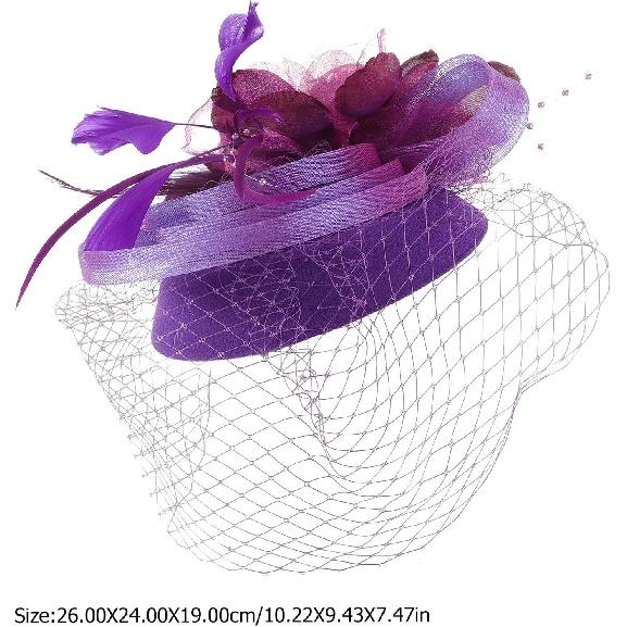 Yardwe Vintage Fascinator Headband Purple Mesh Flower Pillbox Hat Wedding Bride Headdress Banquet Hair Accessory for Women Special Occasion