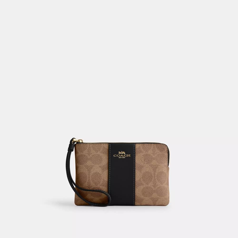 Coach Corner Zip Wristlet In Signature Canvas With Stripe Gold Tan Black