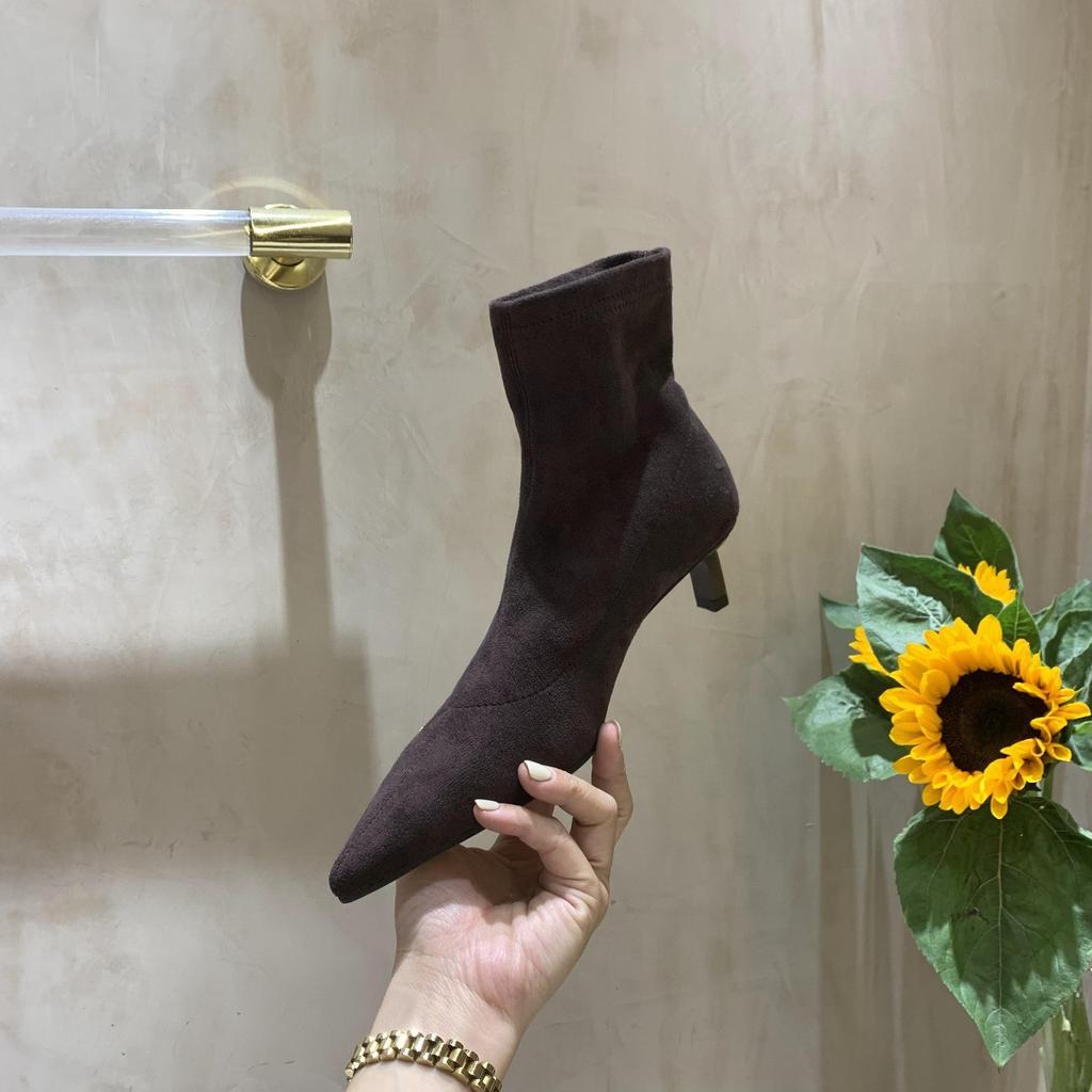 Autumn and winter pointed thin heel elastic boots Internet celebrity mid-tube boots matte high heel velvet commuter short boots women