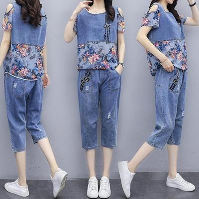 Denim Takım Elbise Kadın Artı Boyutu 2 adet Takım Elbise İlkbahar ve Yaz Kısa Kollu Gevşek Rahat Iki parçalı Set