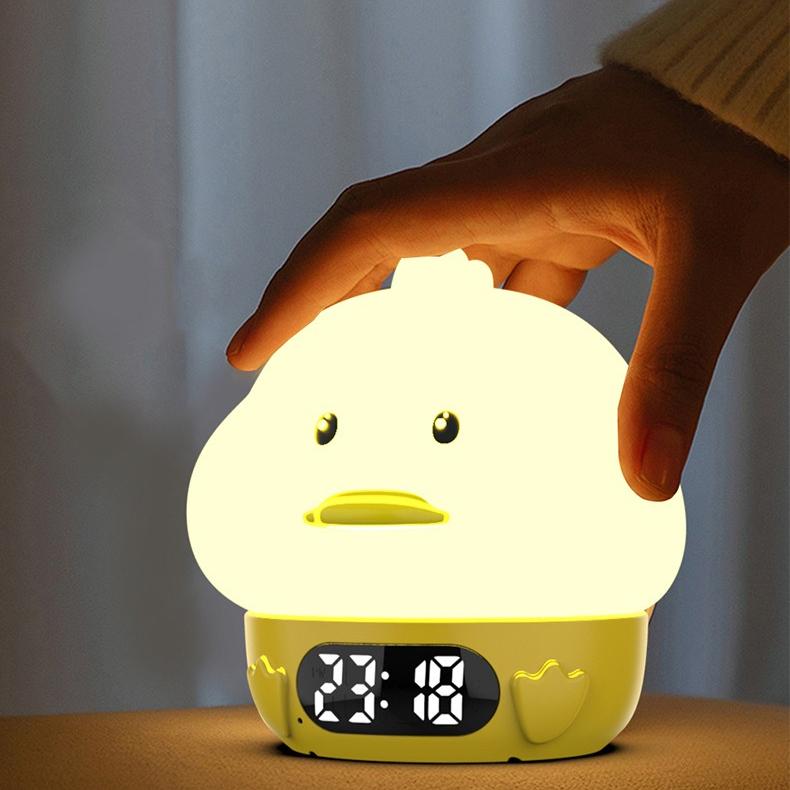 Interactive Duck Night Light Alarm Clock, Soft Silicone Pat Lamp for Kids Bedroom, Nap Timer with USB Charging, Gift Idea