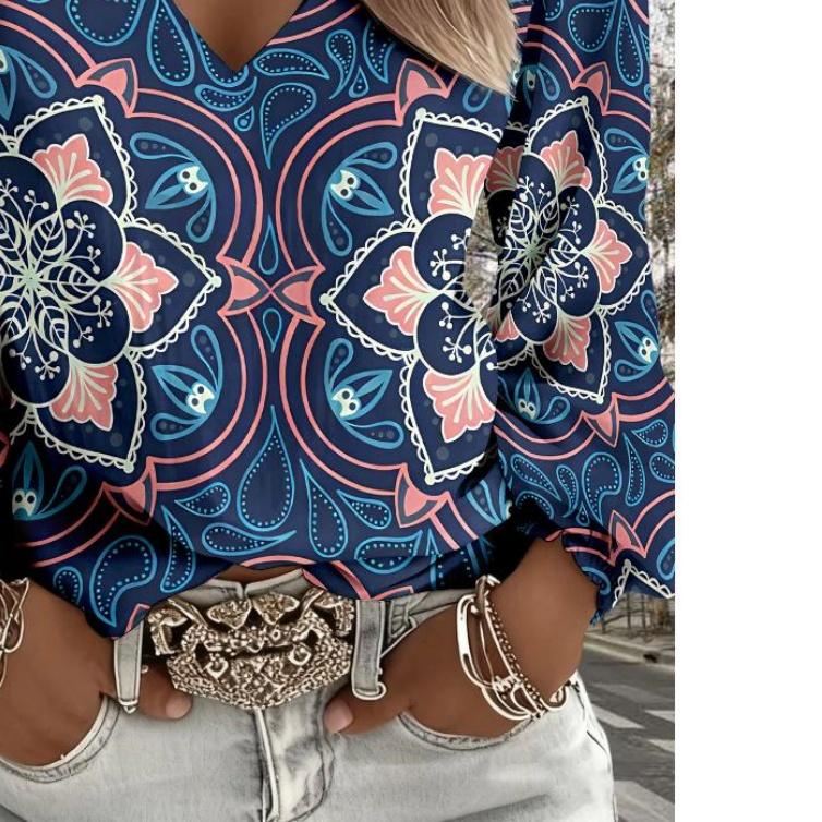 Lady Bohemian Retro Western Style V-Neck Shirt - Lantern Sleeve Top, suitable for casual wear, vacations and daily outfits