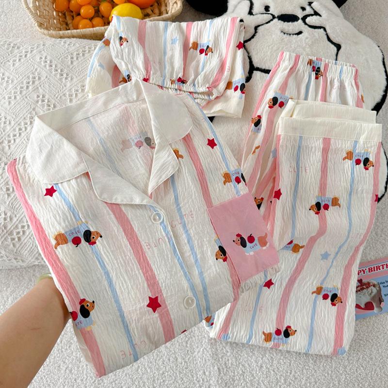 

Dopamine Contrasting Stripes Cartoon Pajamas Women S Summer Cloud Cotton Loungewear Short-Sleeved Three-Piece Set M