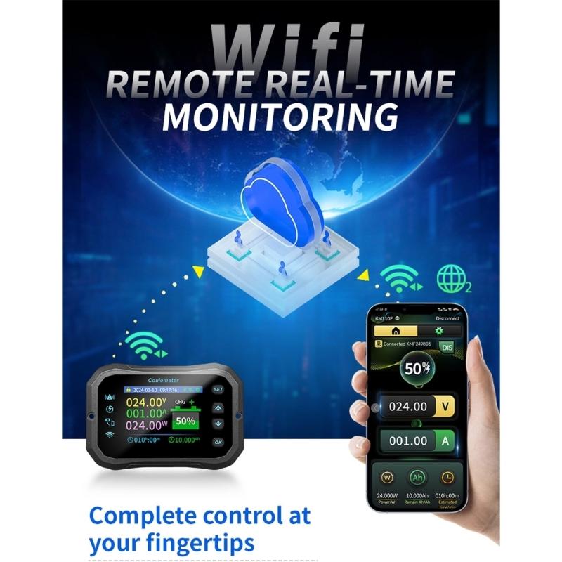 1 Set Battery Coulomb Counter Power Volt Ammeter for Lithium Batteries with Intelligent Safe Features Cable Included