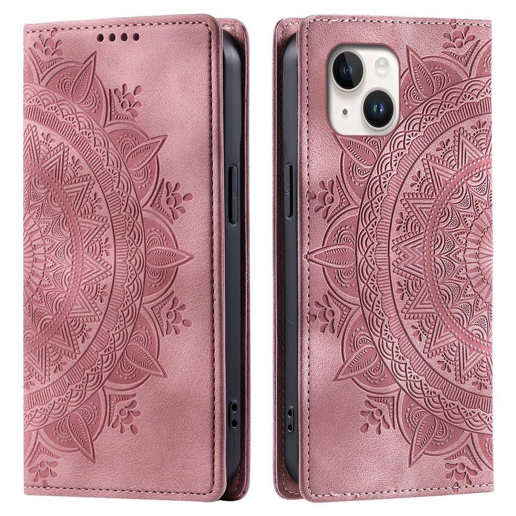 for iPhone 15 Plus,14 Plus,13 Mandala Embossed PU Leather Flip Wallet Case Magnetic Closure Cover