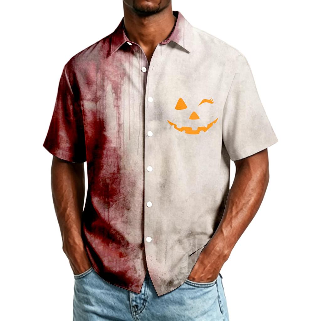 Men's Casual Short Sleeve Button Down Shirt Halloween Print Knife Graphic Lightweight Breathable Fabric Summer Top