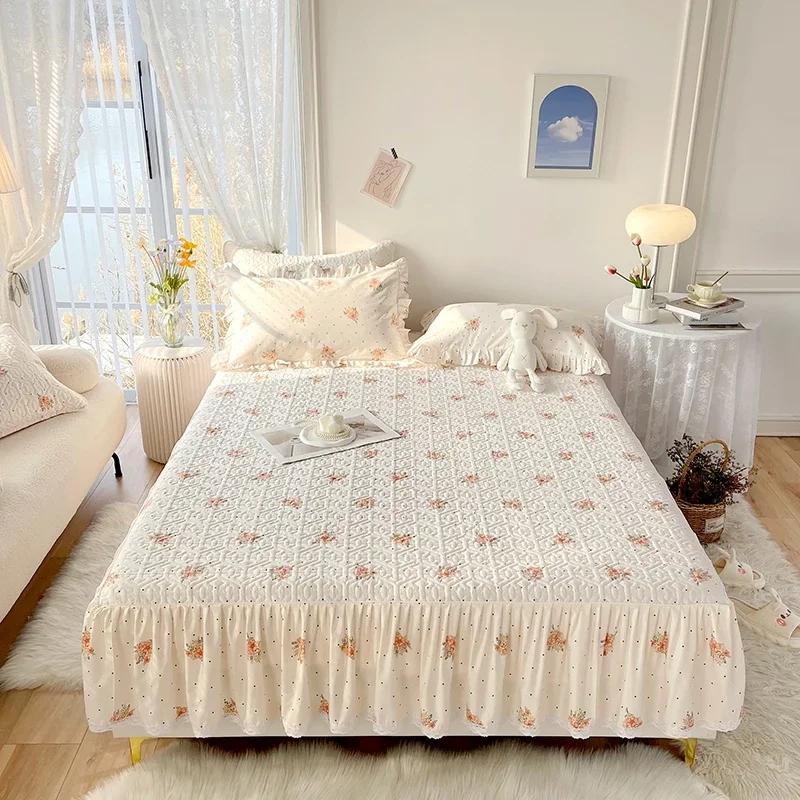 1pc Pure Cotton Thicken Quilted Mattress Cover with Skirt Queen/King Bed Sheet Skirt Elastic Band 200x220cm (No Pillowcase)