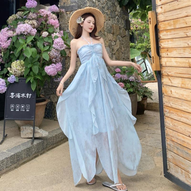 New French Ruffle Edge Neck Dress, Children's Beach Vacation Style Temperament, Waist and Thin Dress