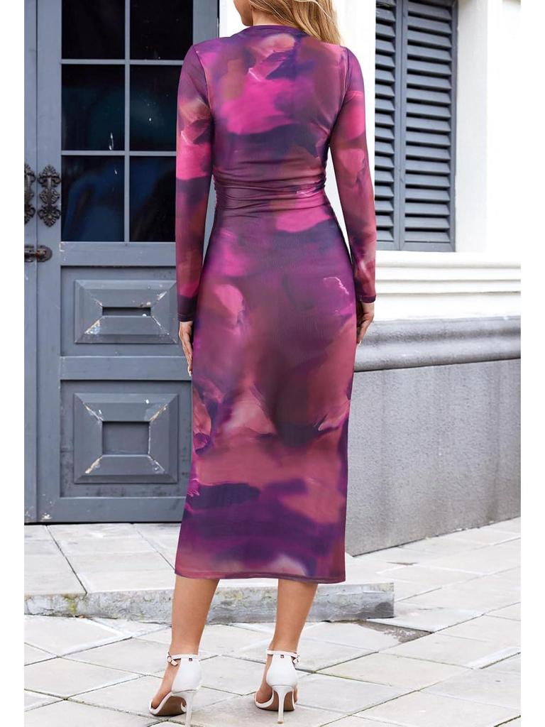 Women's Long-Sleeve Tie-Dye Pleated Cocktail Dress with Stand-Up Collar