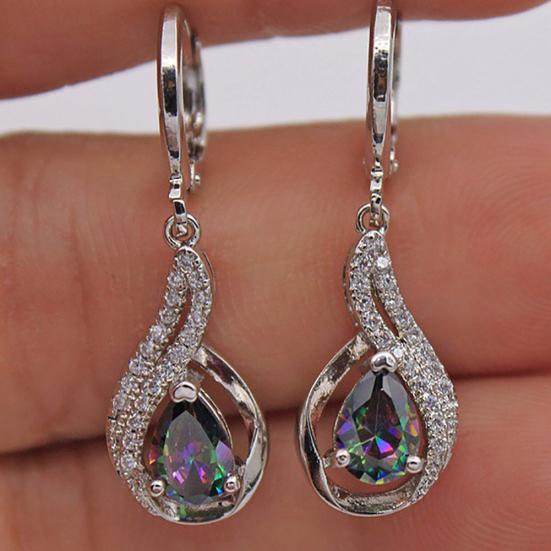 Fashion Women Faux Topaz Shiny Rhinestone Water Drop Leaverback Earrings Gift