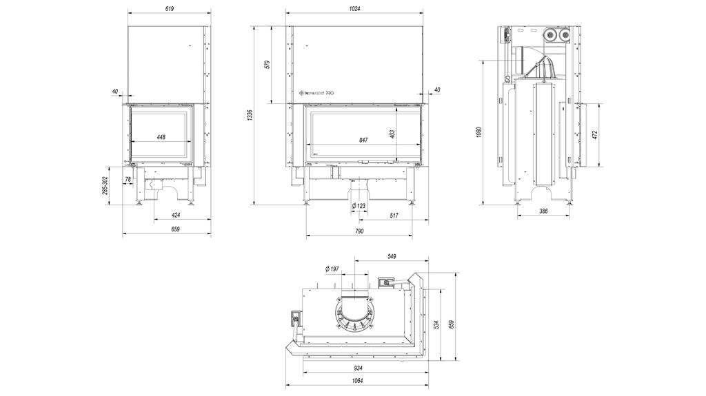 Steel Fireplace KRATKI NADIA Right 14 kW Ø 200 Lift-up Black Thermotec