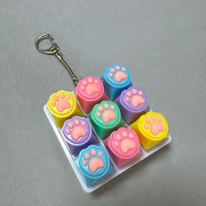 9 Keys Silent Keyboard Keychain Creative Cat Paw Keycap Fidget Toys Stress Relief Toys For Kids Adults Gift
