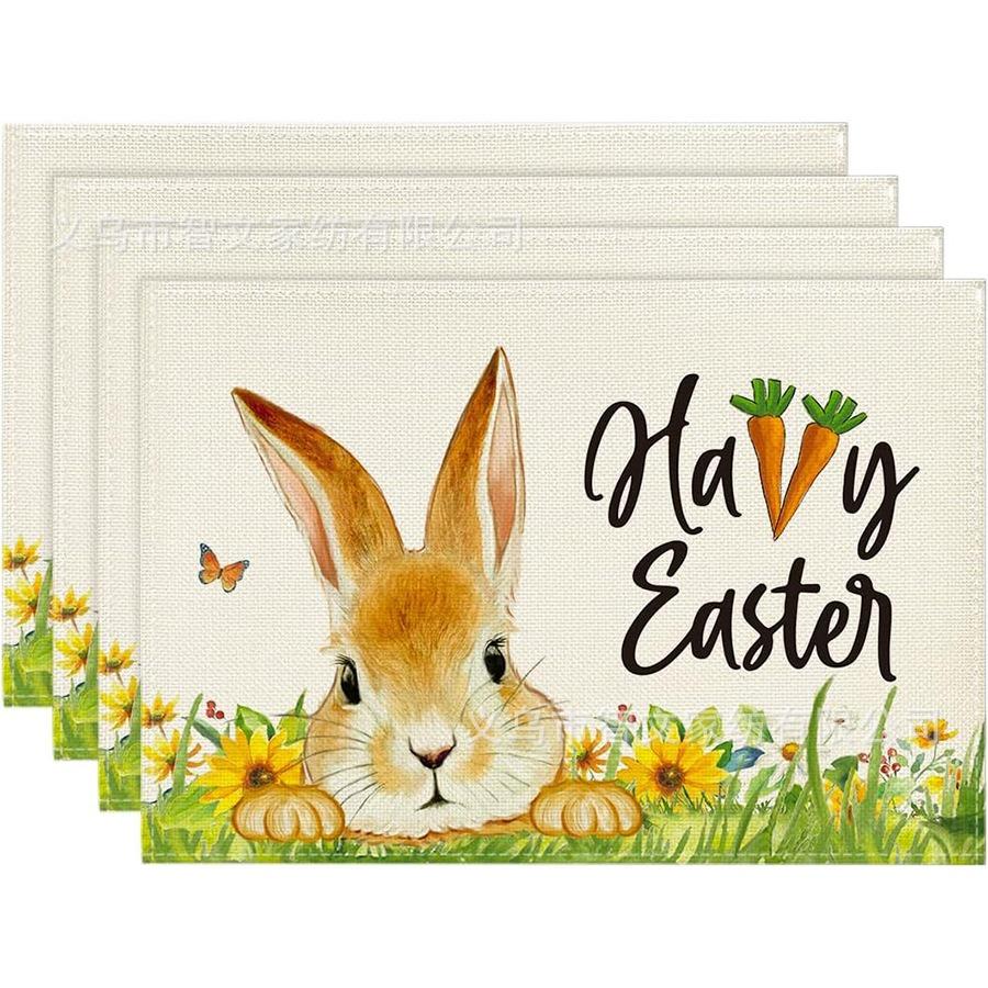 Bunny Rabbits Flower Happy Easter Placemats Seasonal Spring Table Mats for Party Kitchen Dining