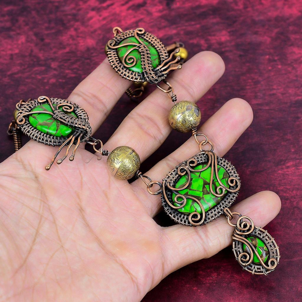 Copper Green Turquoise Gemstone Necklace Copper Wire Wrapped Jewelry Adjustable Chain Necklace
