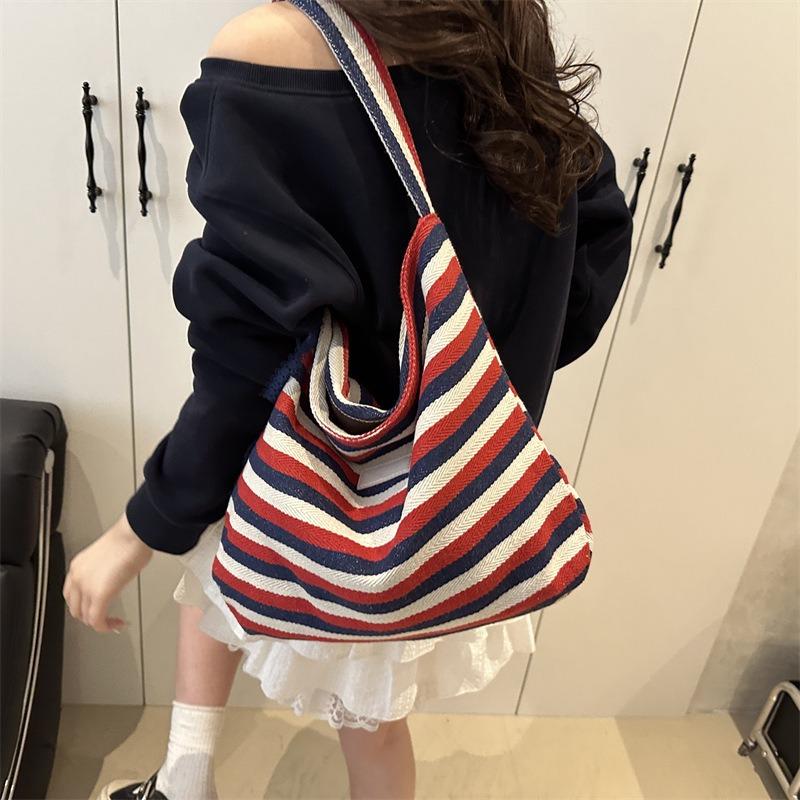 New Striped Cloth Bag Lazy Literary Style Tote Bag Student Large Capacity Casual Shoulder Armpit Bag