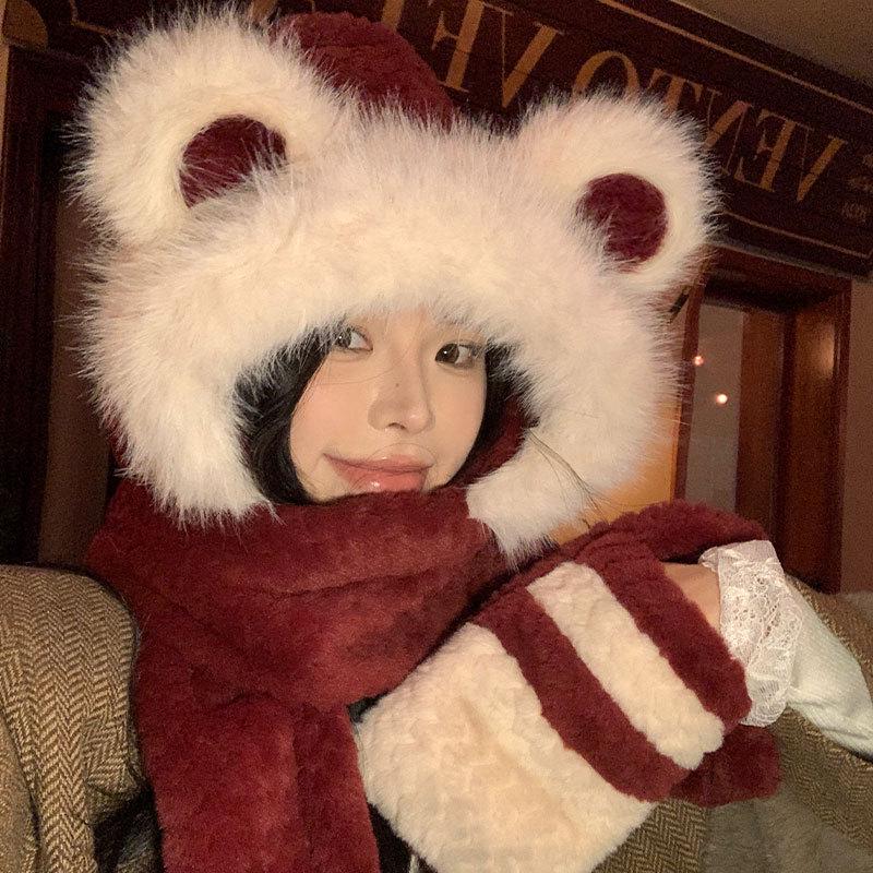 2024 Women's Red Angora Bear Hat with Thick Winter Scarf & Gloves
