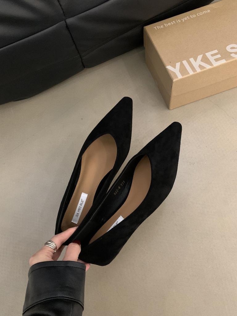Retro Low-heeled Pointed Head Shallow Mouth Single Shoes Women's Shoes New Spring and Autumn Suede Temperament One-pedal Commuter Shoes
