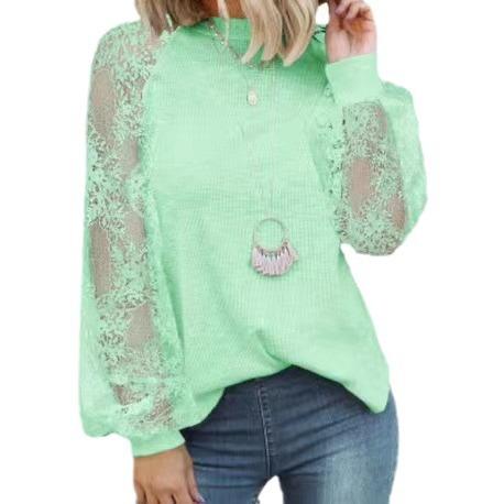 European and American new women's long-sleeved lace casual loose T-shirt top women