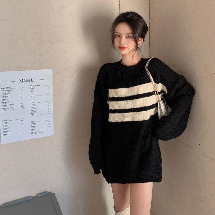 Gothic Sweaters Women Harajuku Punk Knitted Stripes Jumper Vintage Plus Size Loose Long Sleeve Pullover Tops Streetwear