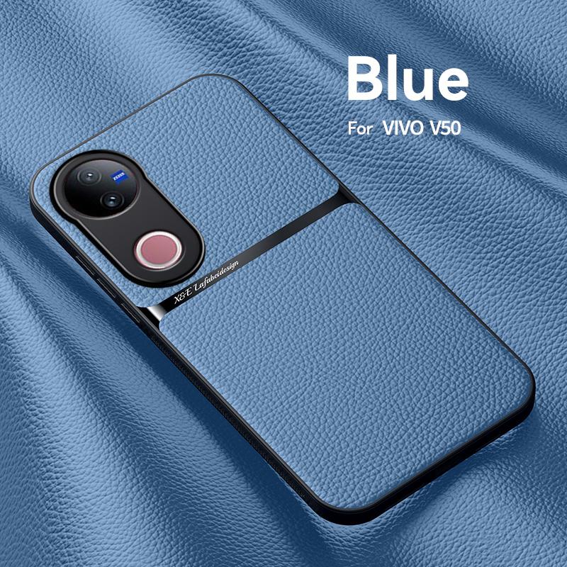 For VIVO V50 Leather Texture Built-in Magnetic TPU Soft Edge Anti-drop Anti-fingerprint Phone Case