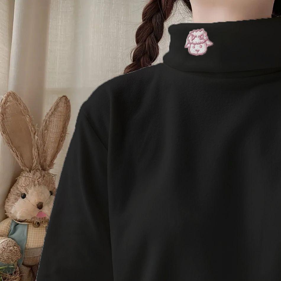 Damen High-Neck Fleecegefüttert Lammstickerei Locker Langarm Oberteil
