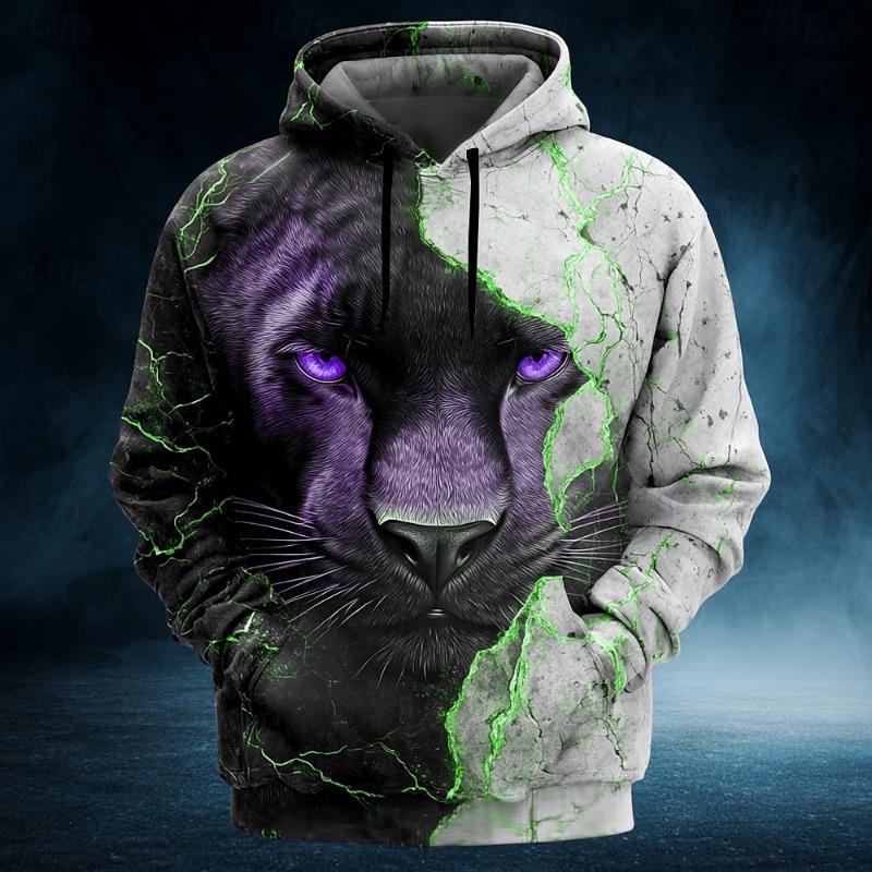 2025 Fall Winter Men's Animal Black Panther 3D Prints Hoodies Sweatshirt Long Sleeve Crew Neck Streetwear Drawstring Tops