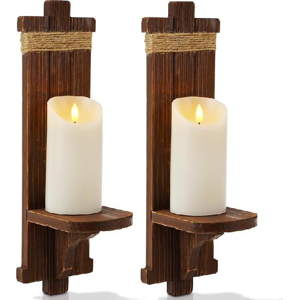 Homemory Wall Sconces Candle Holder Set of 2, Farmhouse Wooden Rustic Wall Decor for Living Room, Dining Room, Bedroom, Bathroom (White)
