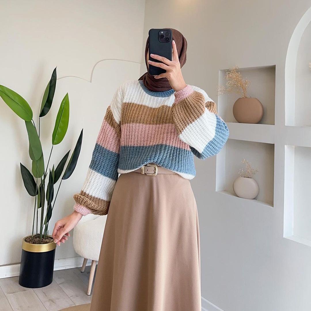 

Женский вязаный свитер в полоску, колор-блок, универсальный, европейский и американский стиль, осень 2024 M верблюд/белый